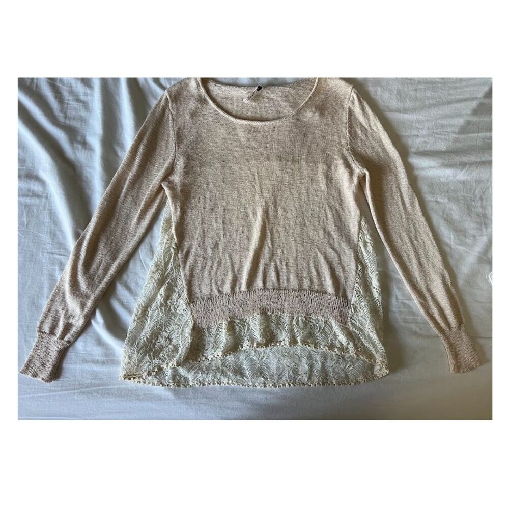Poof‎ Womens XL Blush Pink Ivory Lightweight Lace back and sides knit sweater